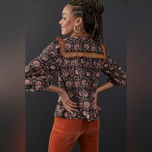 Othilia by Anthropologie Sera Ruffled Blouse Floral Popover Bohemian Top Size XS